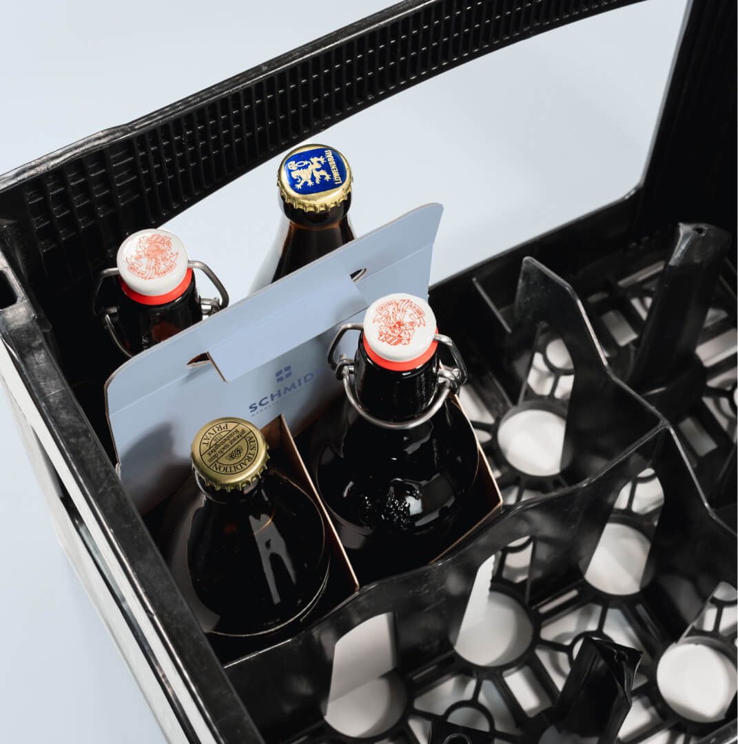 4er Flaschenträger aus Pappe für 0,5 Liter Euro-/Bügel-/NRW Flaschen & Dosen, individuell bedruckt