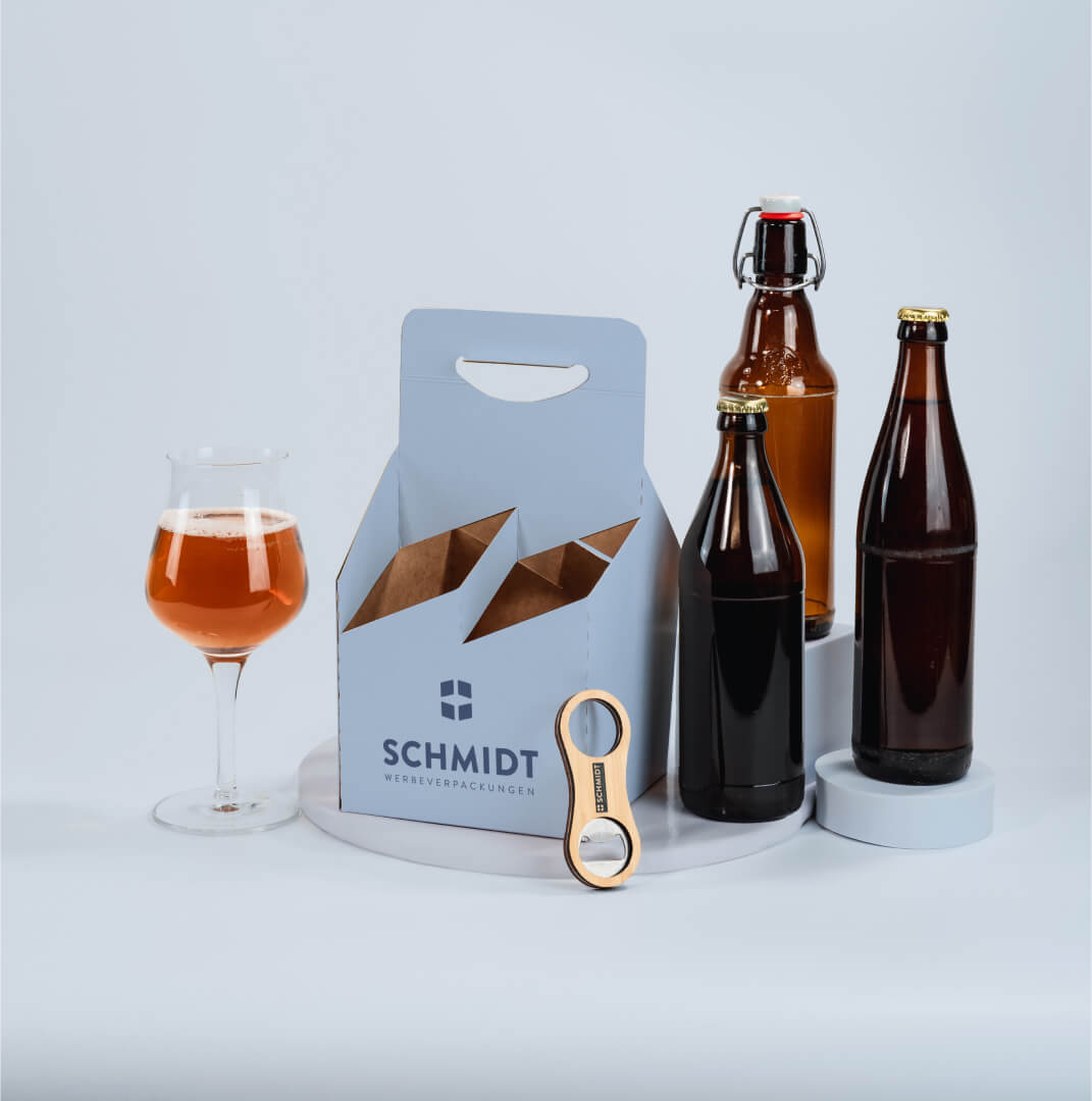 4er Flaschenträger aus Pappe für 0,5 Liter Euro-/Bügel-/NRW Flaschen & Dosen, individuell bedruckt