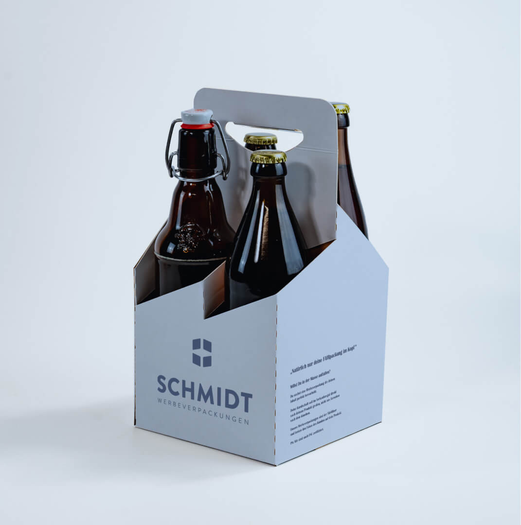 4er Flaschenträger aus Pappe für 0,5 Liter Euro-/Bügel-/NRW Flaschen & Dosen, individuell bedruckt