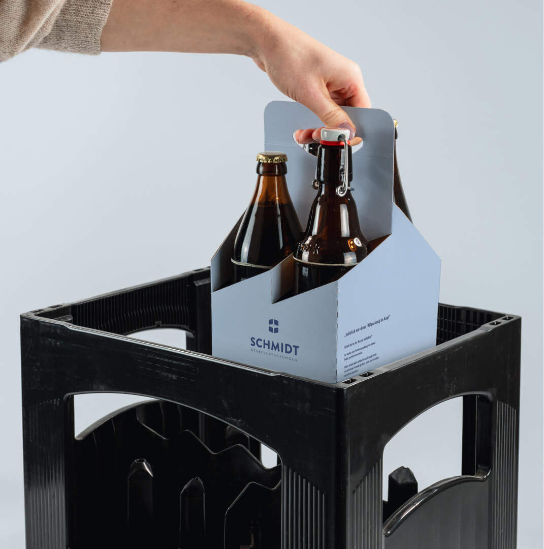 4er Flaschenträger aus Pappe für 0,5 Liter Euro-/Bügel-/NRW Flaschen & Dosen, individuell bedruckt