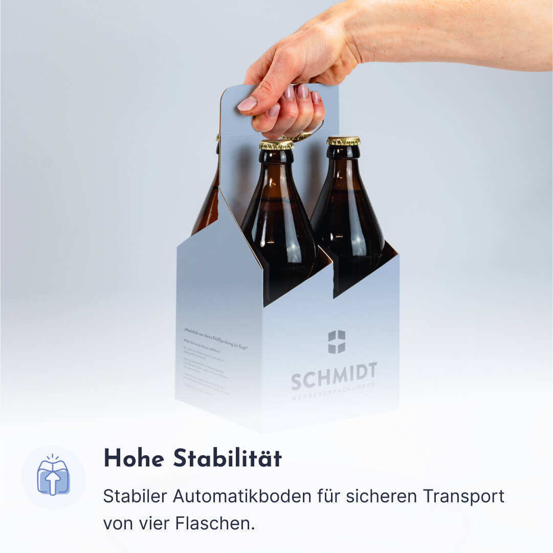 4er Flaschenträger aus Pappe für 0,5 Liter Euro-/Bügel-/NRW Flaschen & Dosen, individuell bedruckt