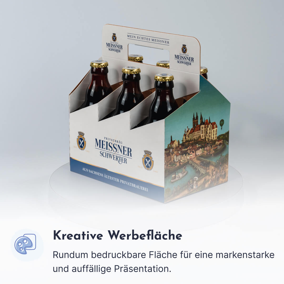 6er Flaschenträger aus Pappe für 0,5 Liter Euro Flaschen mit klappbarem Griff & Pinolenausstanzung, individuell bedruckt