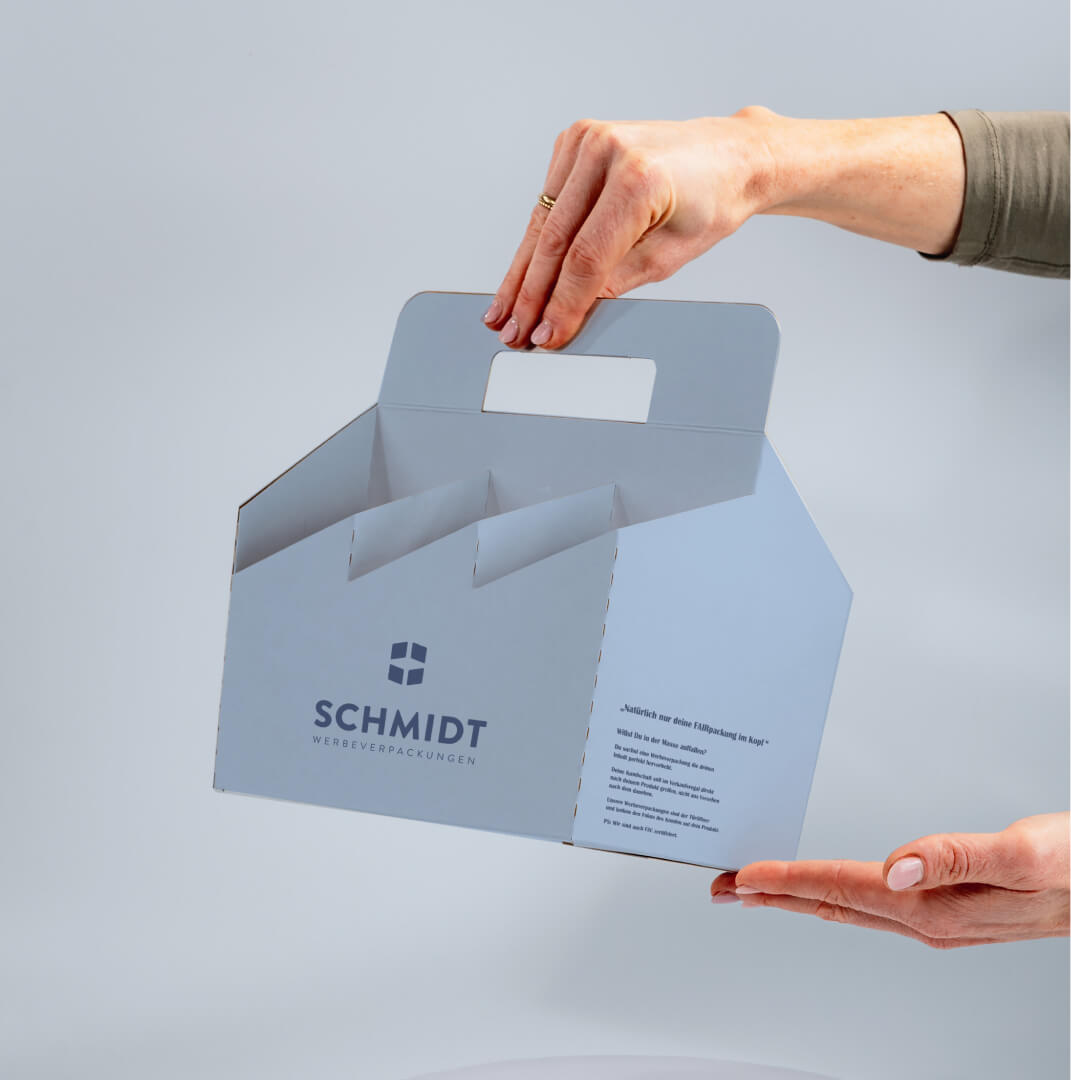 6er Flaschenträger aus Pappe für 0,5 Liter Euro Flaschen mit klappbarem Griff & Pinolenausstanzung, individuell bedruckt
