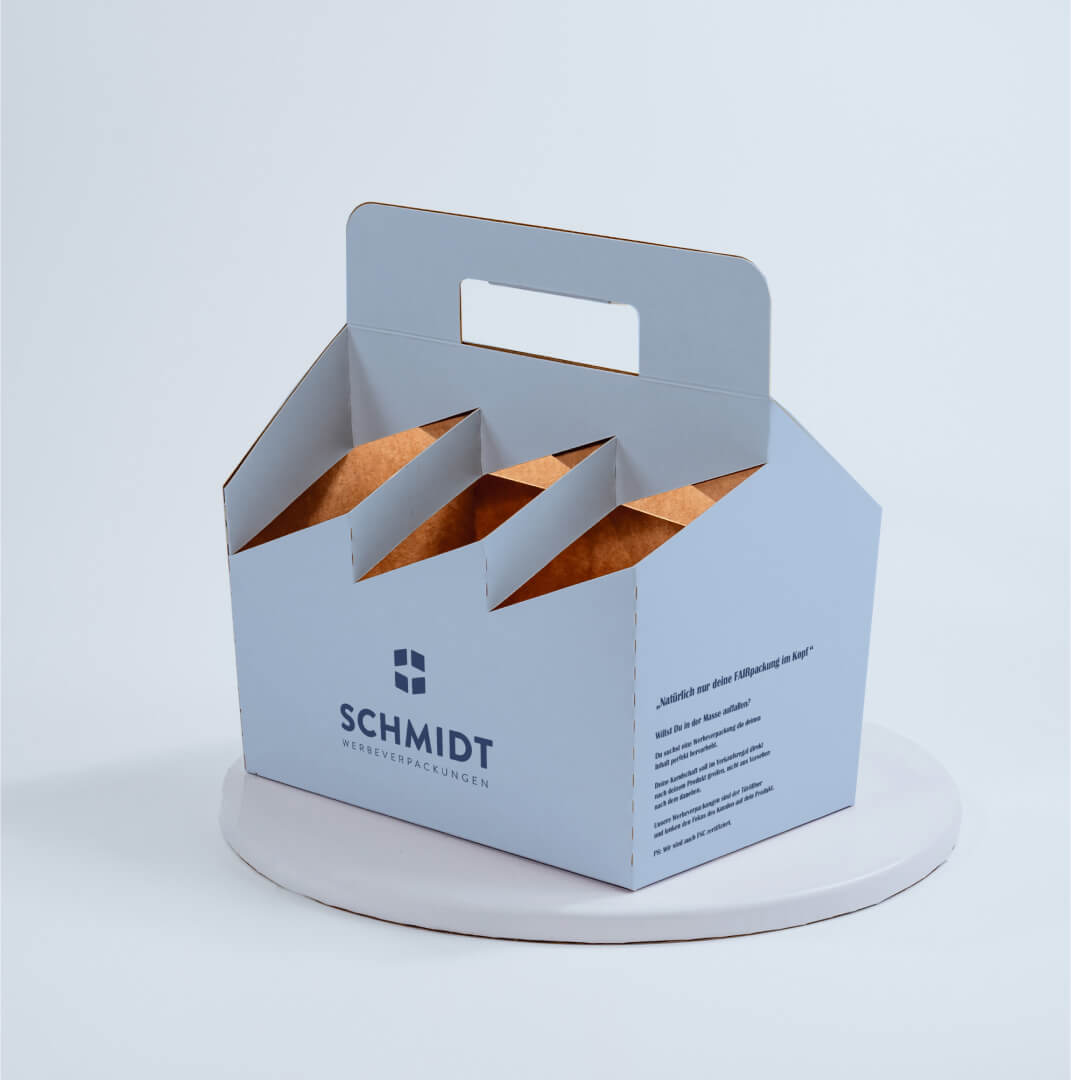 6er Flaschenträger aus Pappe für 0,5 Liter Euro Flaschen mit klappbarem Griff & Pinolenausstanzung, individuell bedruckt
