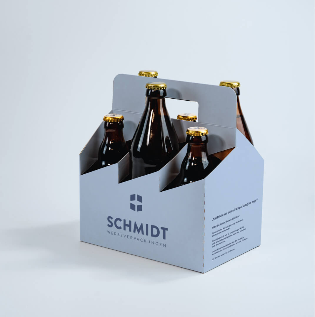 6er Flaschenträger aus Pappe für 0,5 Liter Euro Flaschen mit klappbarem Griff & Pinolenausstanzung, individuell bedruckt