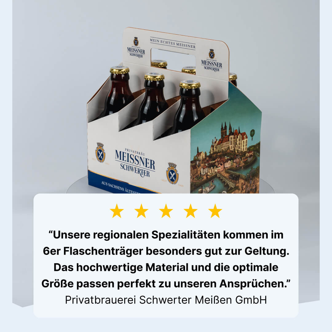 6er Flaschenträger aus Pappe für 0,5 Liter Euro Flaschen mit klappbarem Griff & Pinolenausstanzung, individuell bedruckt