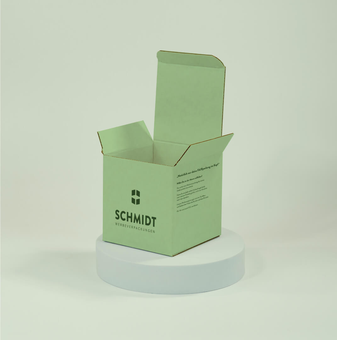 Faltschachtel mit versetzten Einstecklaschen 100 x 100 x 101 mm, individuell bedruckt