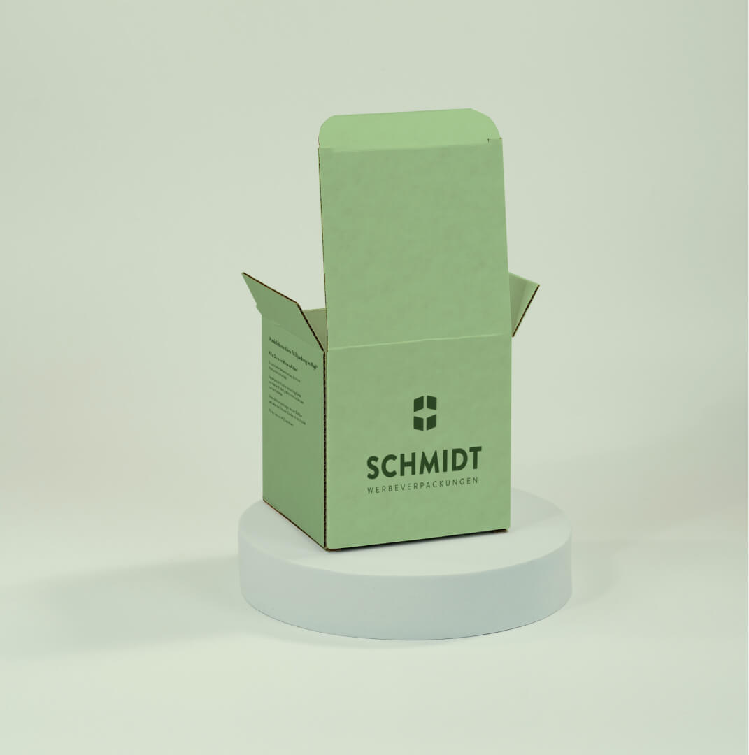 Faltschachtel mit versetzten Einstecklaschen 100 x 100 x 101 mm, individuell bedruckt