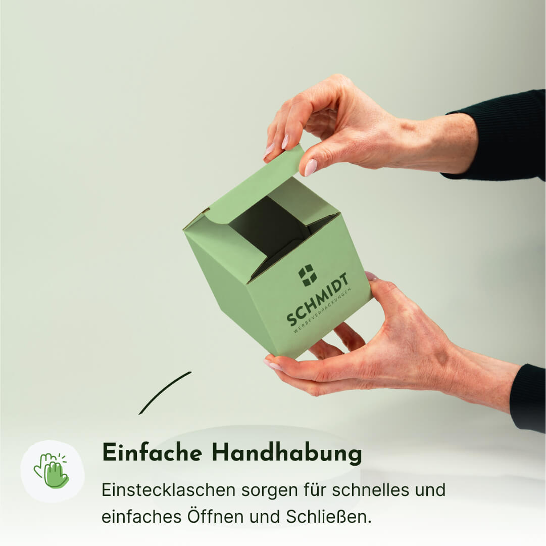 Faltschachtel mit versetzten Einstecklaschen 100 x 100 x 101 mm, individuell bedruckt