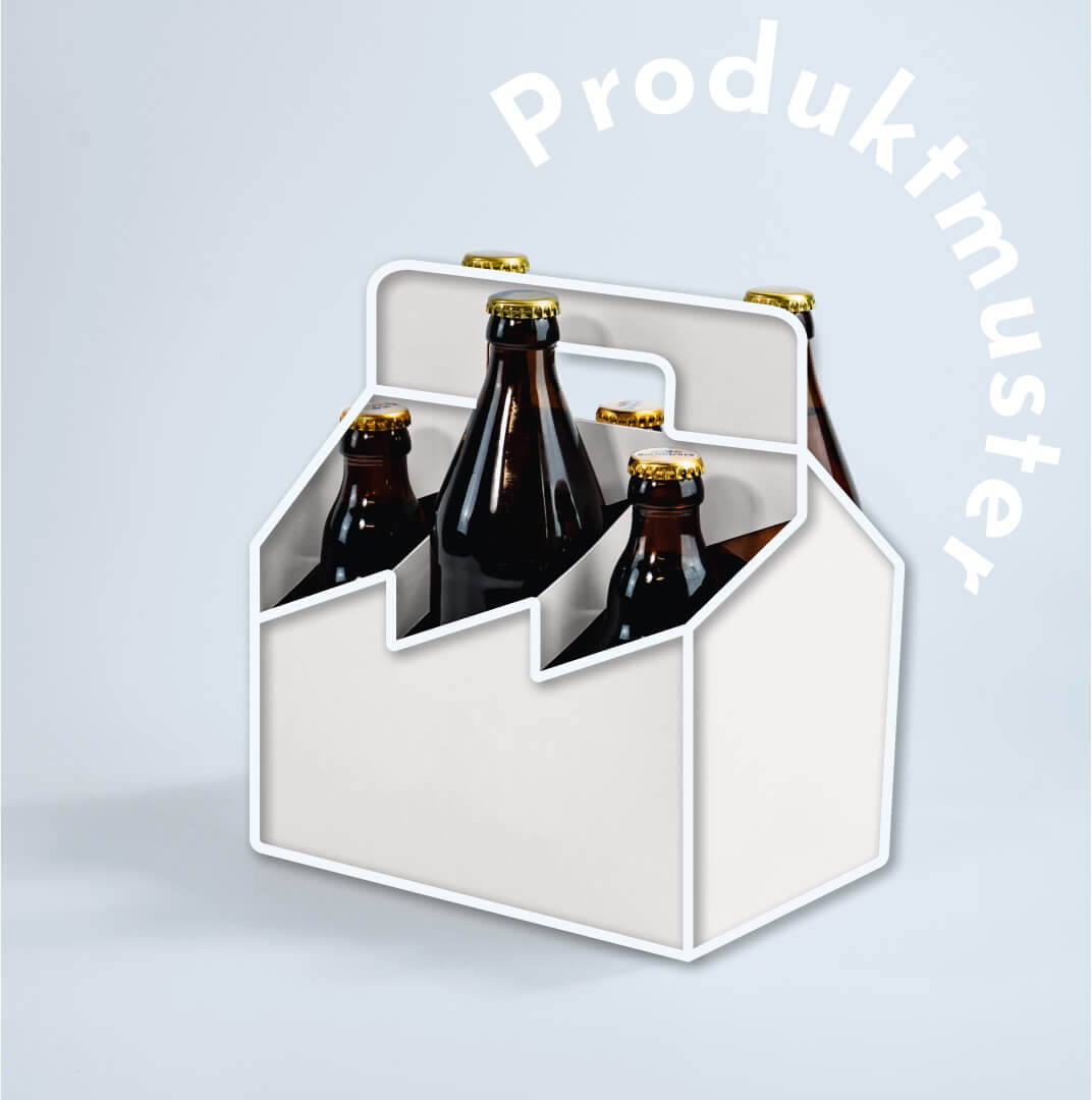 Produktmuster 6er Flaschenträger aus Pappe für 0,5 Liter Euro Flaschen mit klappbarem Griff & Pinolenausstanzung